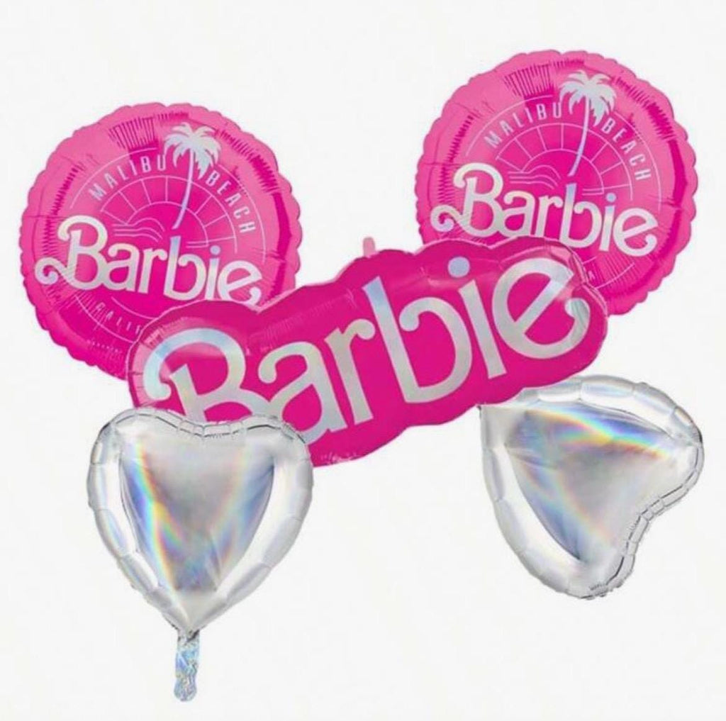 Pink Malibu-Inspired Balloon Set – 5-Piece Foil Balloon Bundle silver and pink Blonde Doll Party Decorations