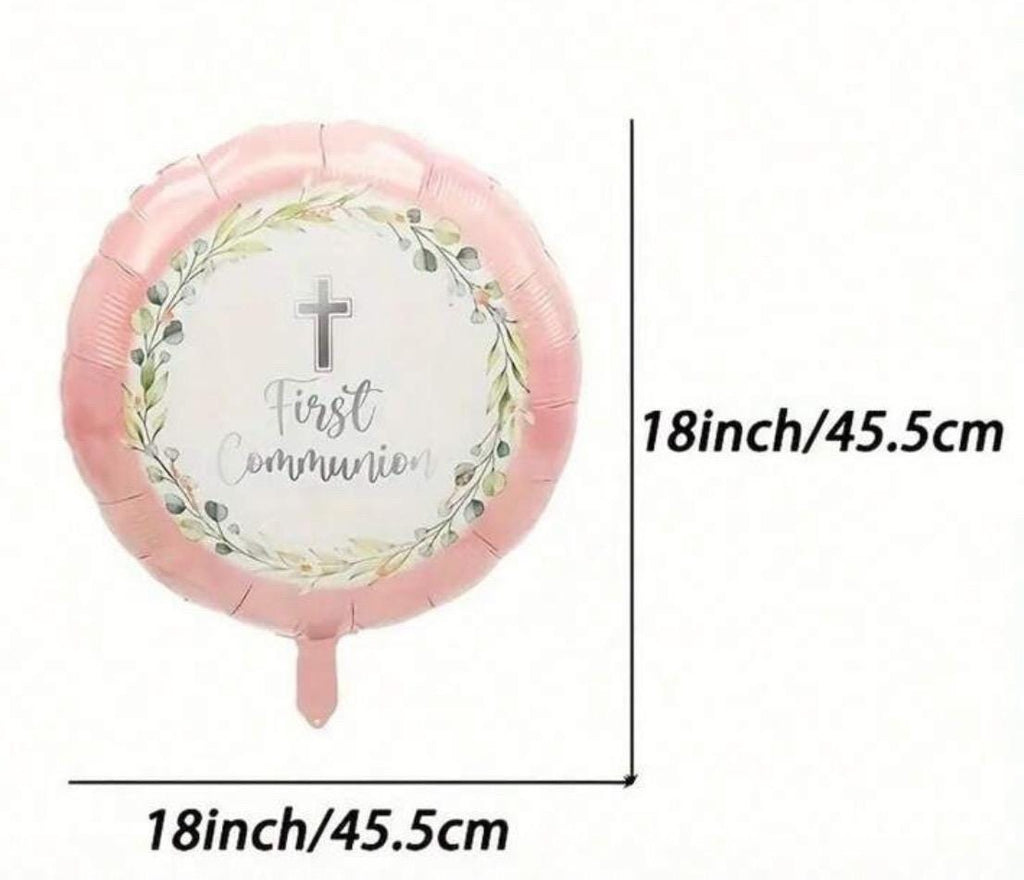 First Communion Balloon Set - Pink and White Cross Theme - 5 Pc Foil Balloons for Religious Celebration