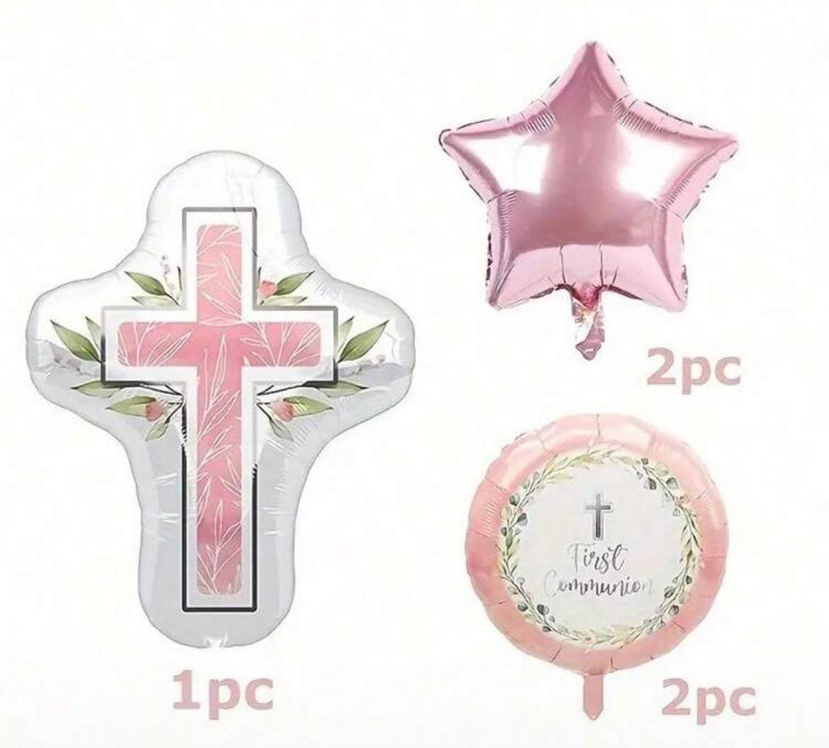 First Communion Balloon Set - Pink and White Cross Theme - 5 Pc Foil Balloons for Religious Celebration