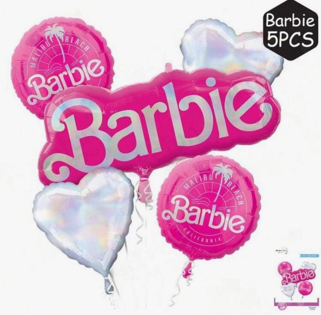 Pink Malibu-Inspired Balloon Set – 5-Piece Foil Balloon Bundle silver and pink Blonde Doll Party Decorations