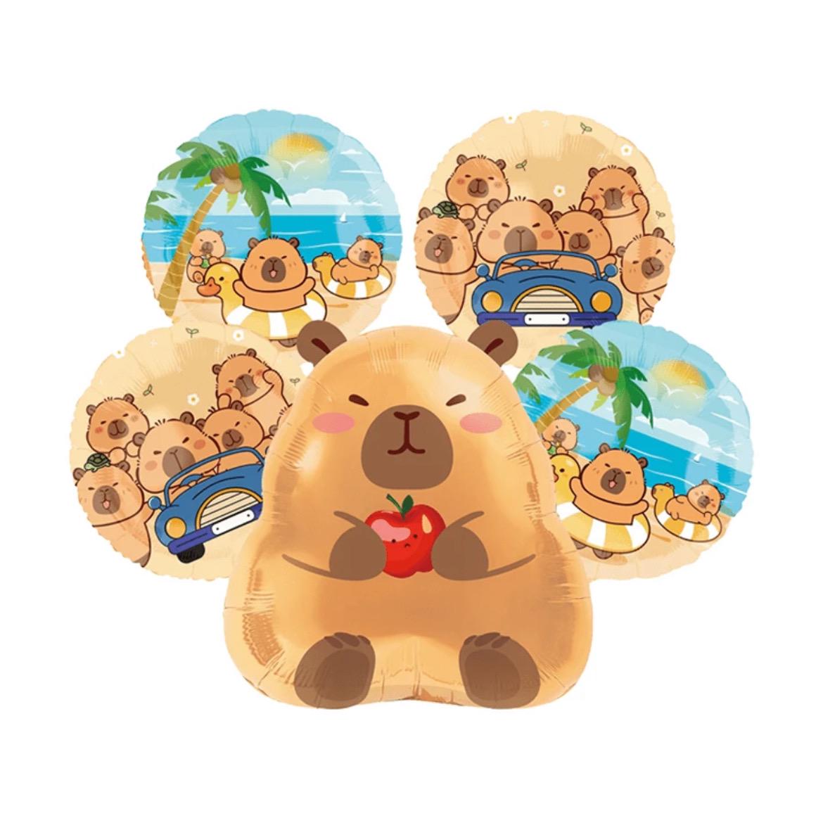 Balloon Set – 5 pcs Cute Animal Foil Balloons – Kawaii Birthday Party Decor Supplies Capybara