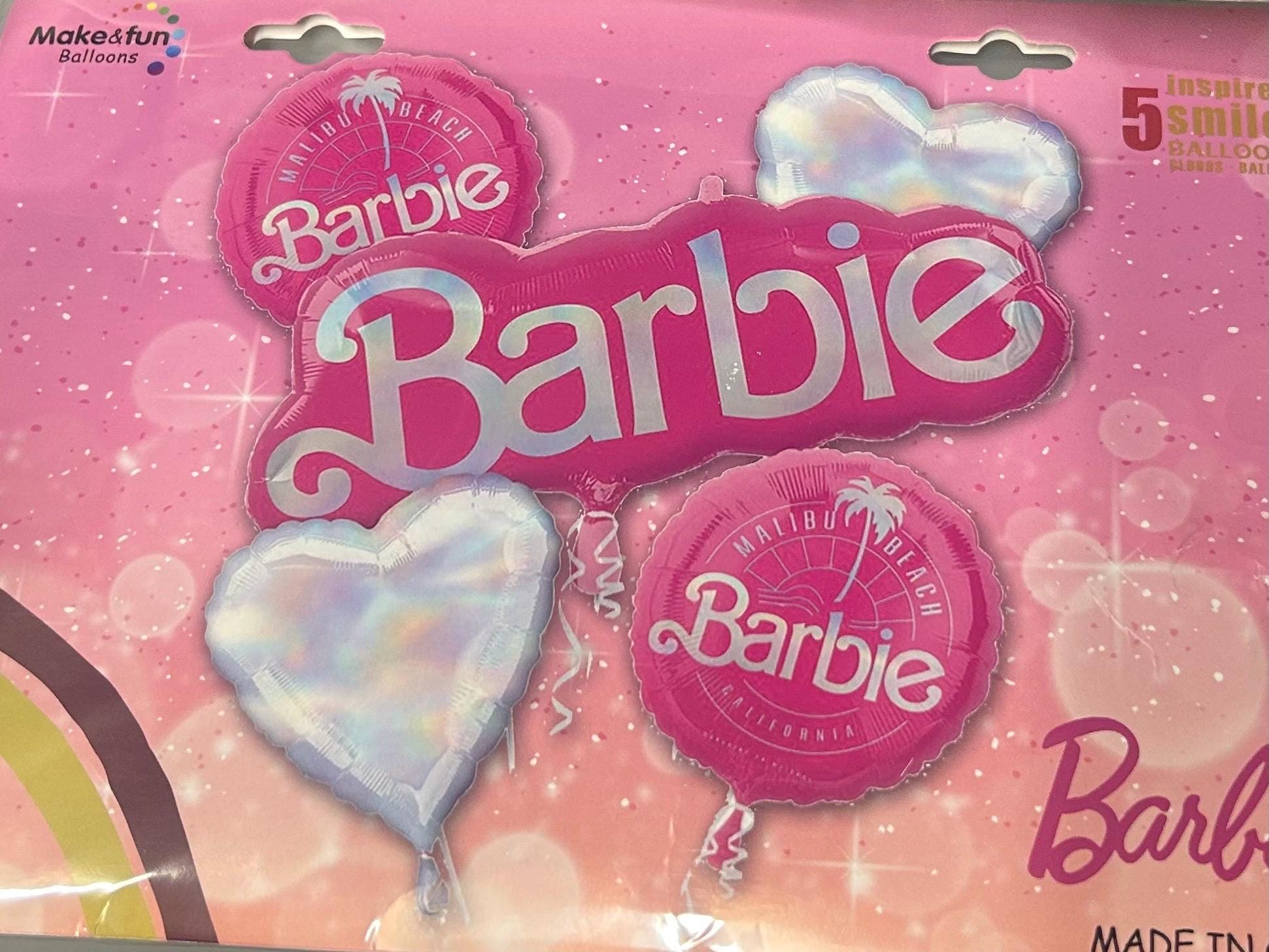 Pink Malibu-Inspired Balloon Set – 5-Piece Foil Balloon Bundle silver and pink Blonde Doll Party Decorations