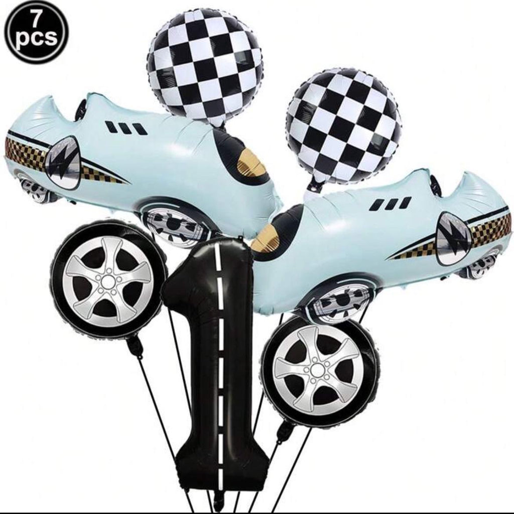 Blue Race Car Party First Birthday 7 Balloons Set