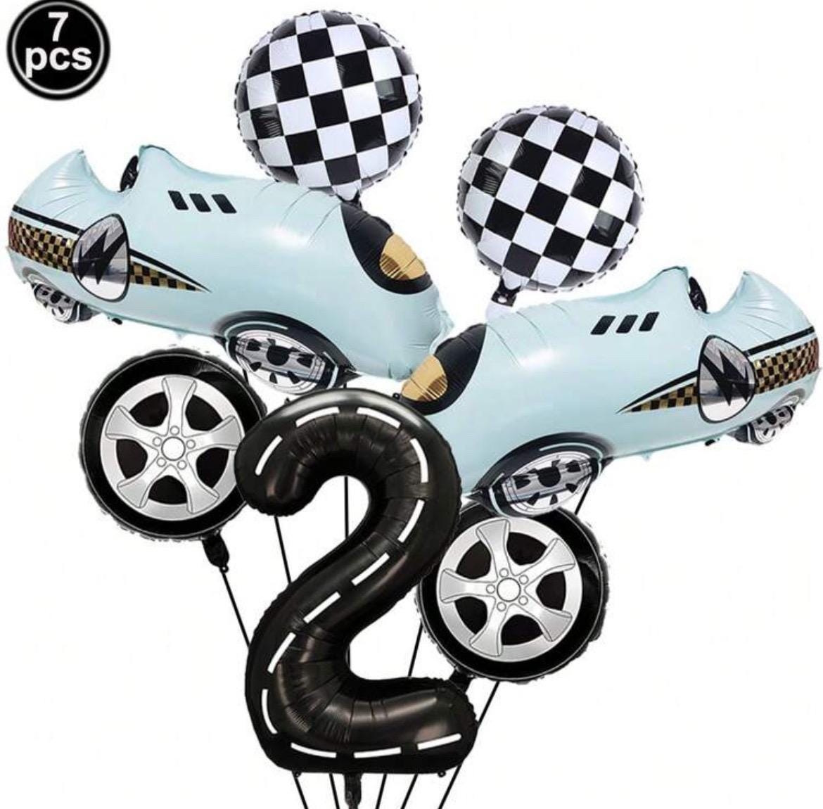 Blue Race Car Party First Birthday 7 Balloons Set