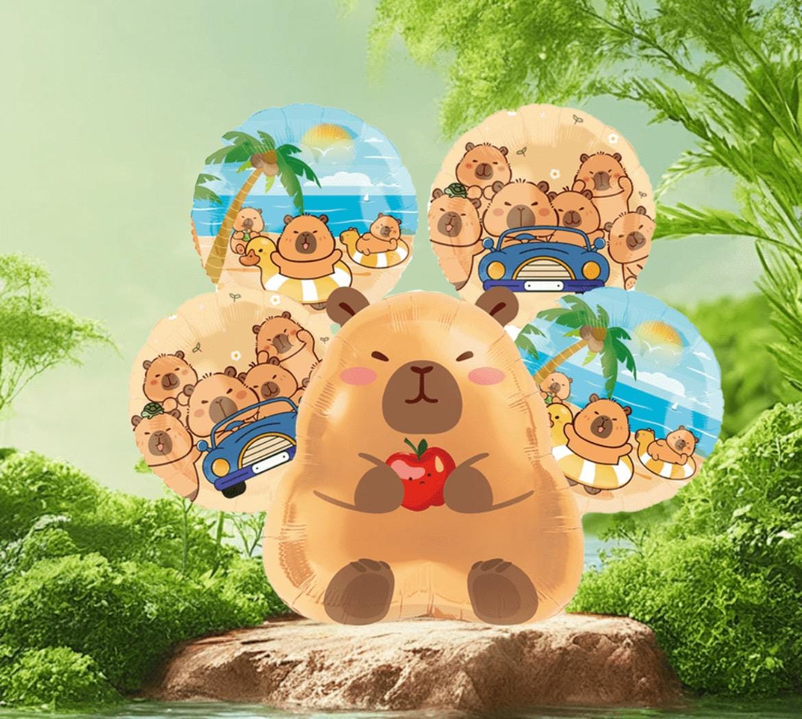 Balloon Set – 5 pcs Cute Animal Foil Balloons – Kawaii Birthday Party Decor Supplies Capybara