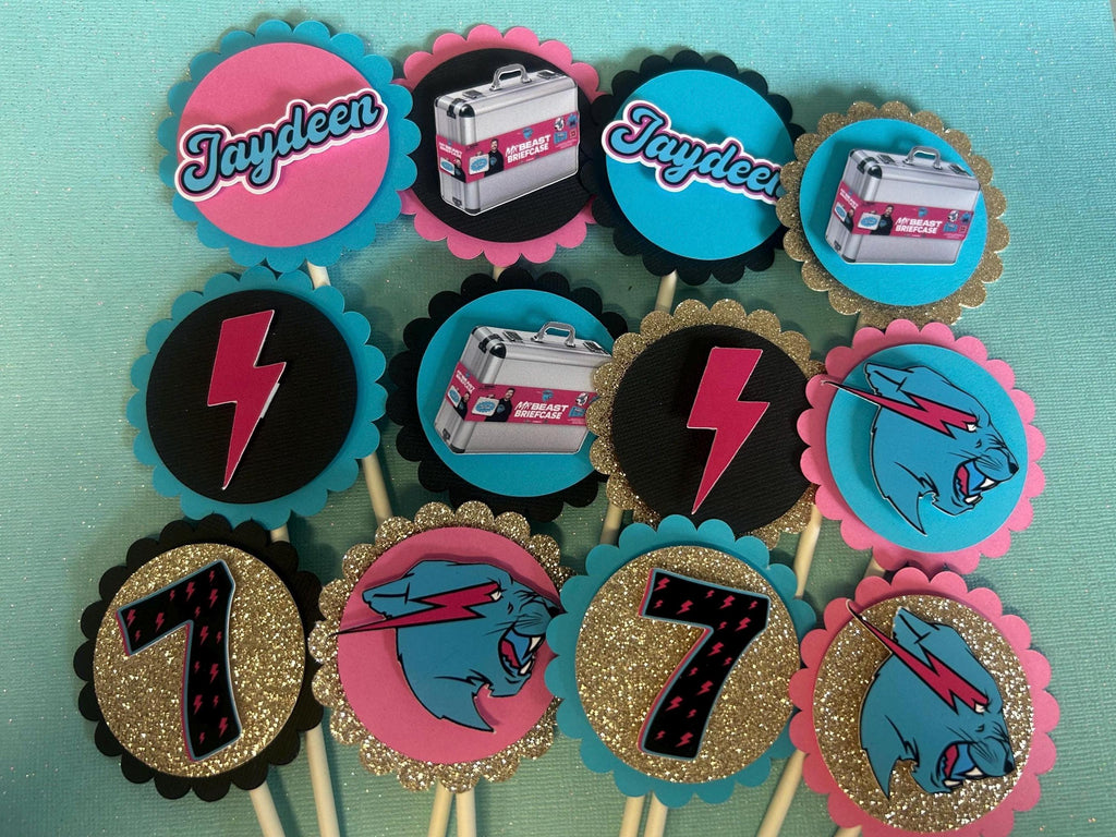 Birthday Cake Topper for Boys and Girls - YouTuber with Pink Lightning Bolt Design in Blue, Pink, Black, and Silver.