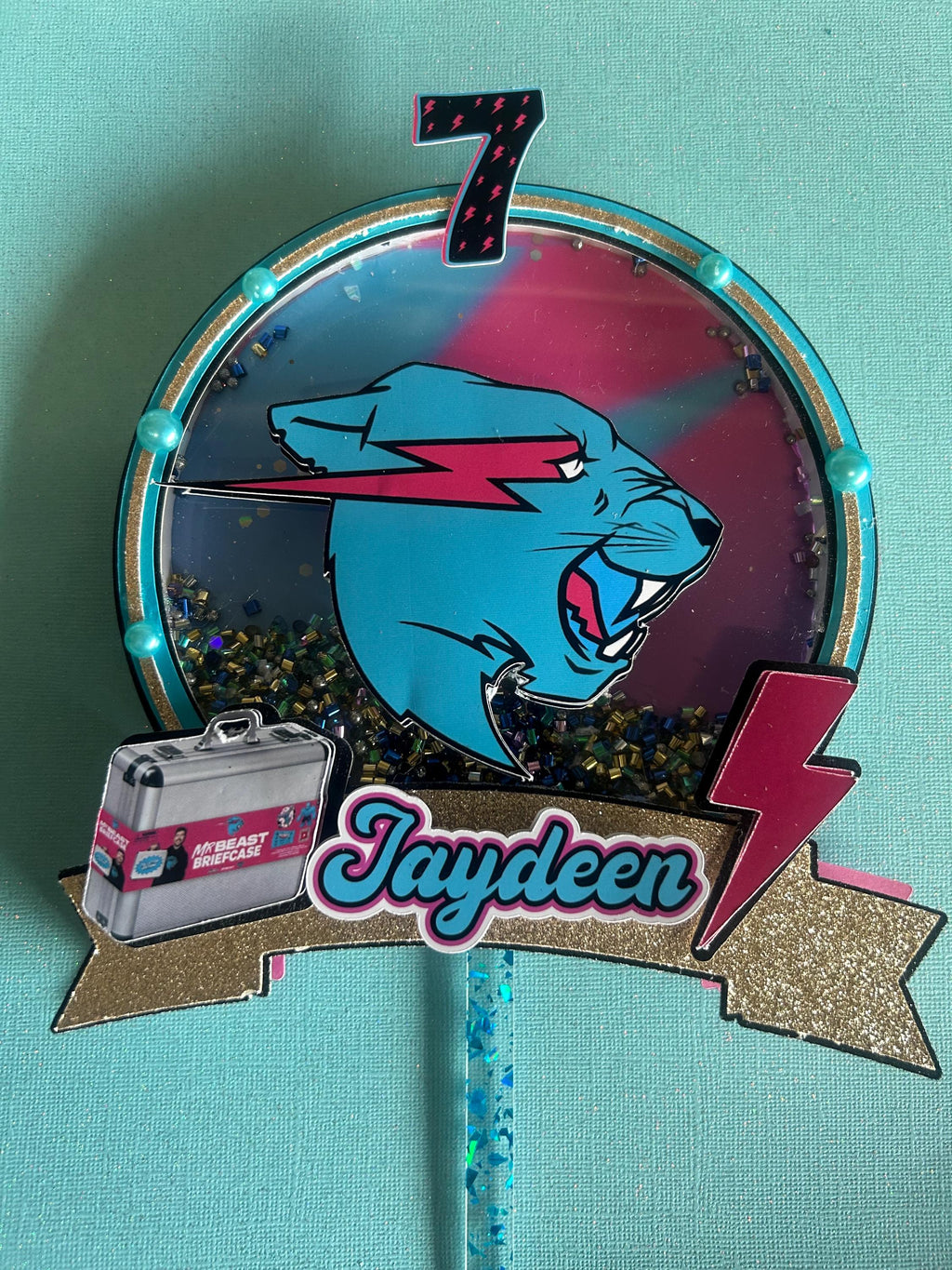 Birthday Cake Topper for Boys and Girls - YouTuber with Pink Lightning Bolt Design in Blue, Pink, Black, and Silver.