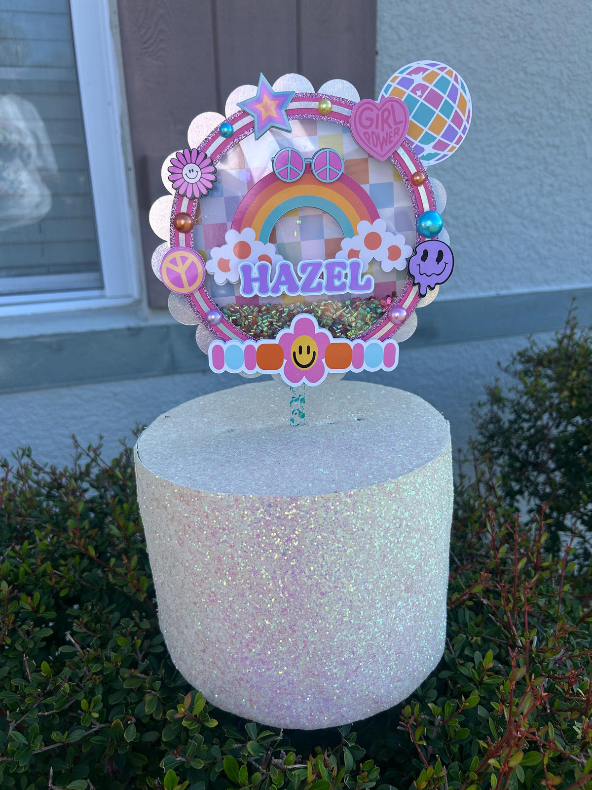 Personalized Retro Rainbow Glitter Cake Topper image 2
