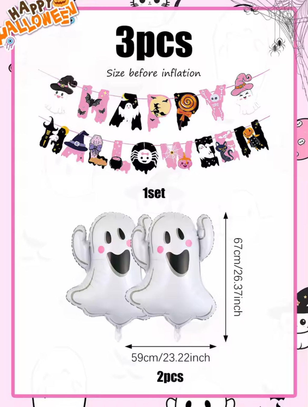 Pink Halloween Ghost Boo Decoration 3 pcs Set