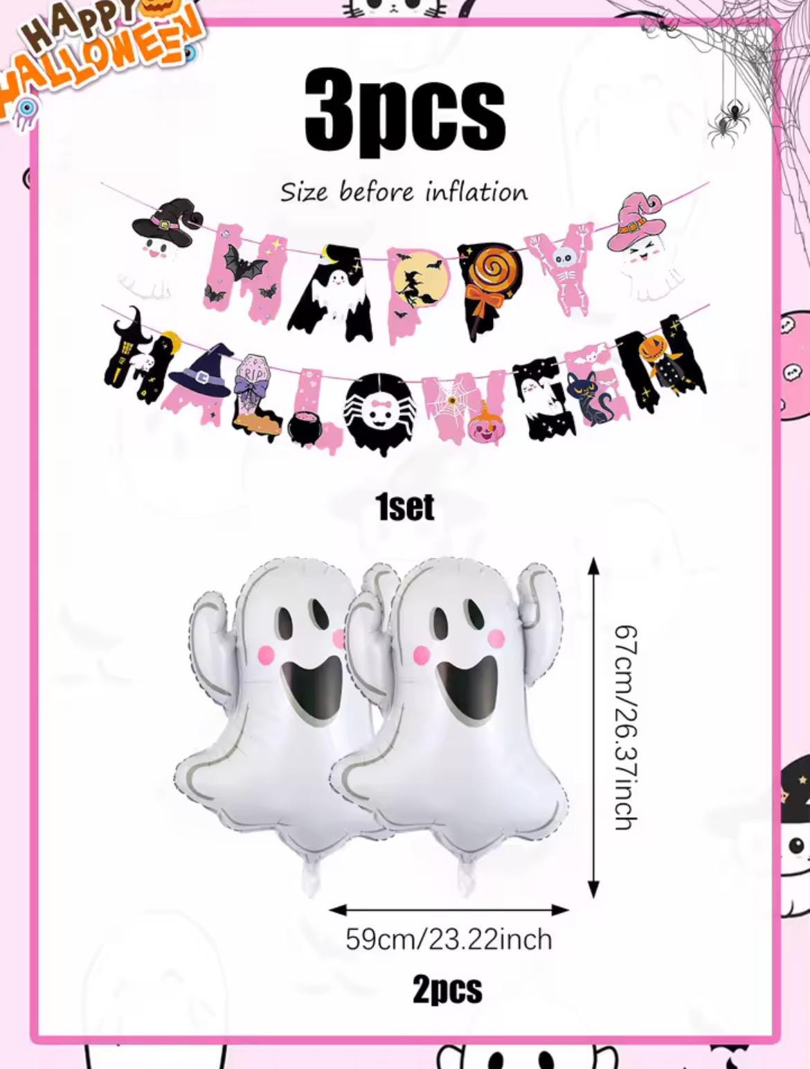 Pink Halloween Ghost Boo Decoration 3 pcs Set
