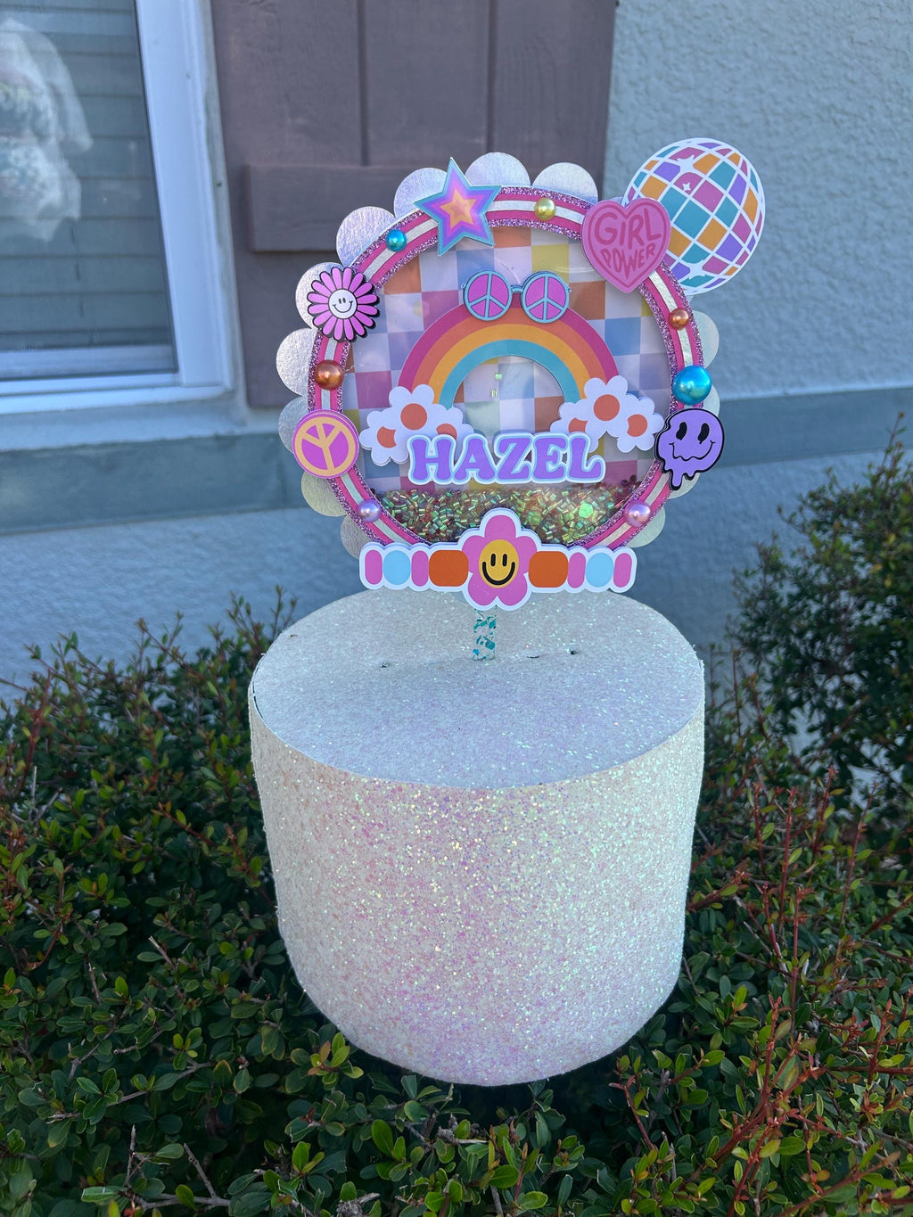 Personalized Retro Rainbow Glitter Cake Topper image 3