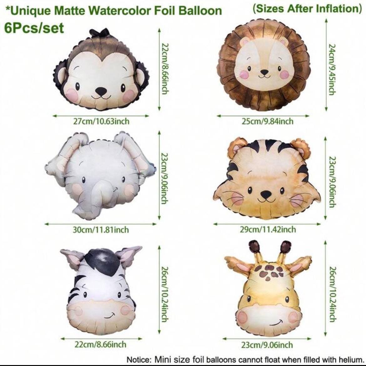 Jungle Animal Foil Balloons | Safari Baby Shower Balloons | Wild One Birthday Party Decor Matte Watercolor