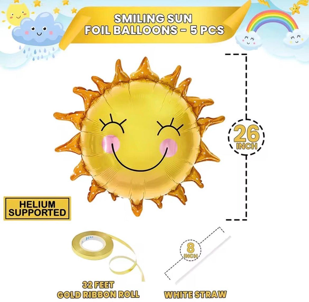 Smiling Sun Balloon, Sunshine Party Decorations, Sun Foil Balloons Set of 5, Baby Shower Decor, Happy Birthday Sun Balloon, Summer Party Dec