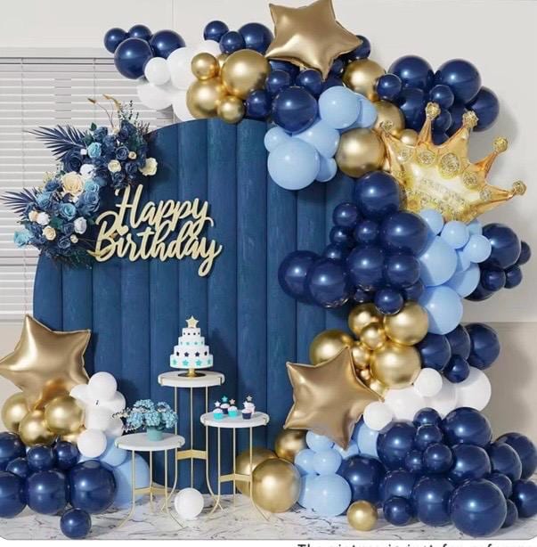 Blue Gold Balloon Garland Kit 132pcs, Boy Birthday Party Decor, Royal Baby Shower Arch, Navy Elegant Backdrop DIY