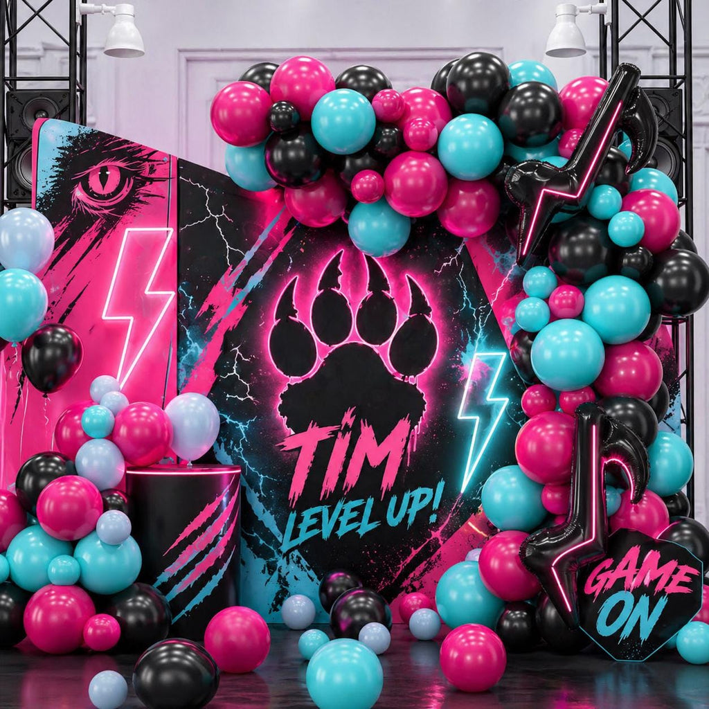 Beast Gaming Balloon Arch Kit, Level Up Party Decorations, Gamer Birthday Setup, Black Pink Teal Balloons, Lighting bolt Inspired