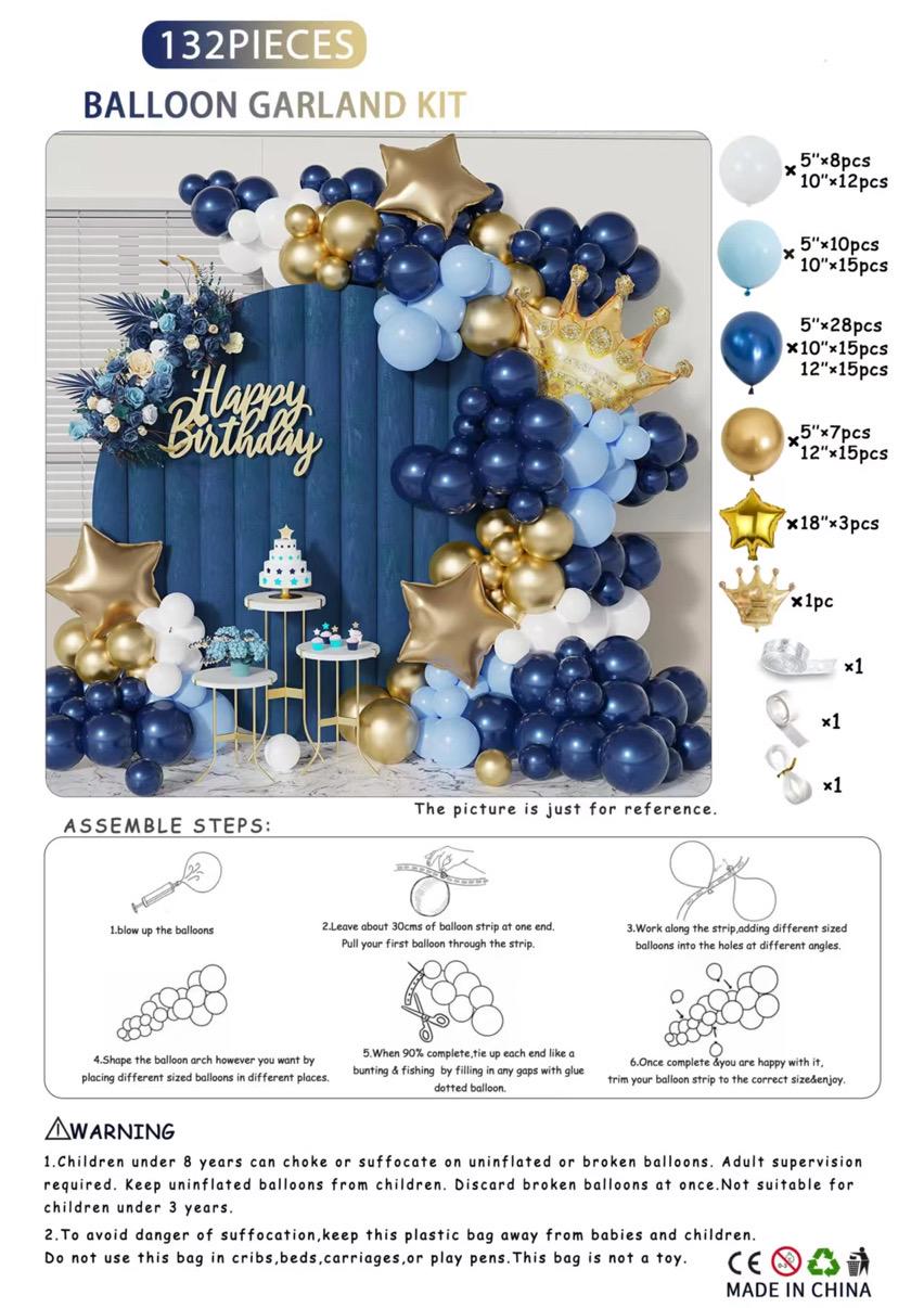 Blue Gold Balloon Garland Kit 132pcs, Boy Birthday Party Decor, Royal Baby Shower Arch, Navy Elegant Backdrop DIY