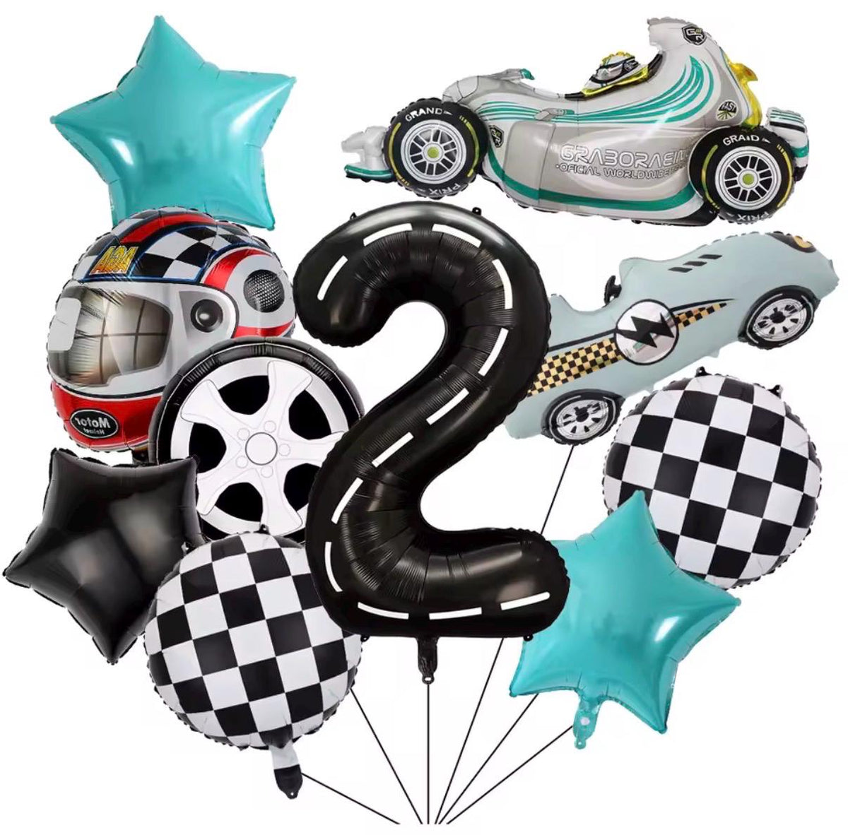 Race Car Balloon Bouquet Number Set, Racing Party Balloons, Kids Birthday Decoration, Checkered Flag Theme, Car Balloon Bundle