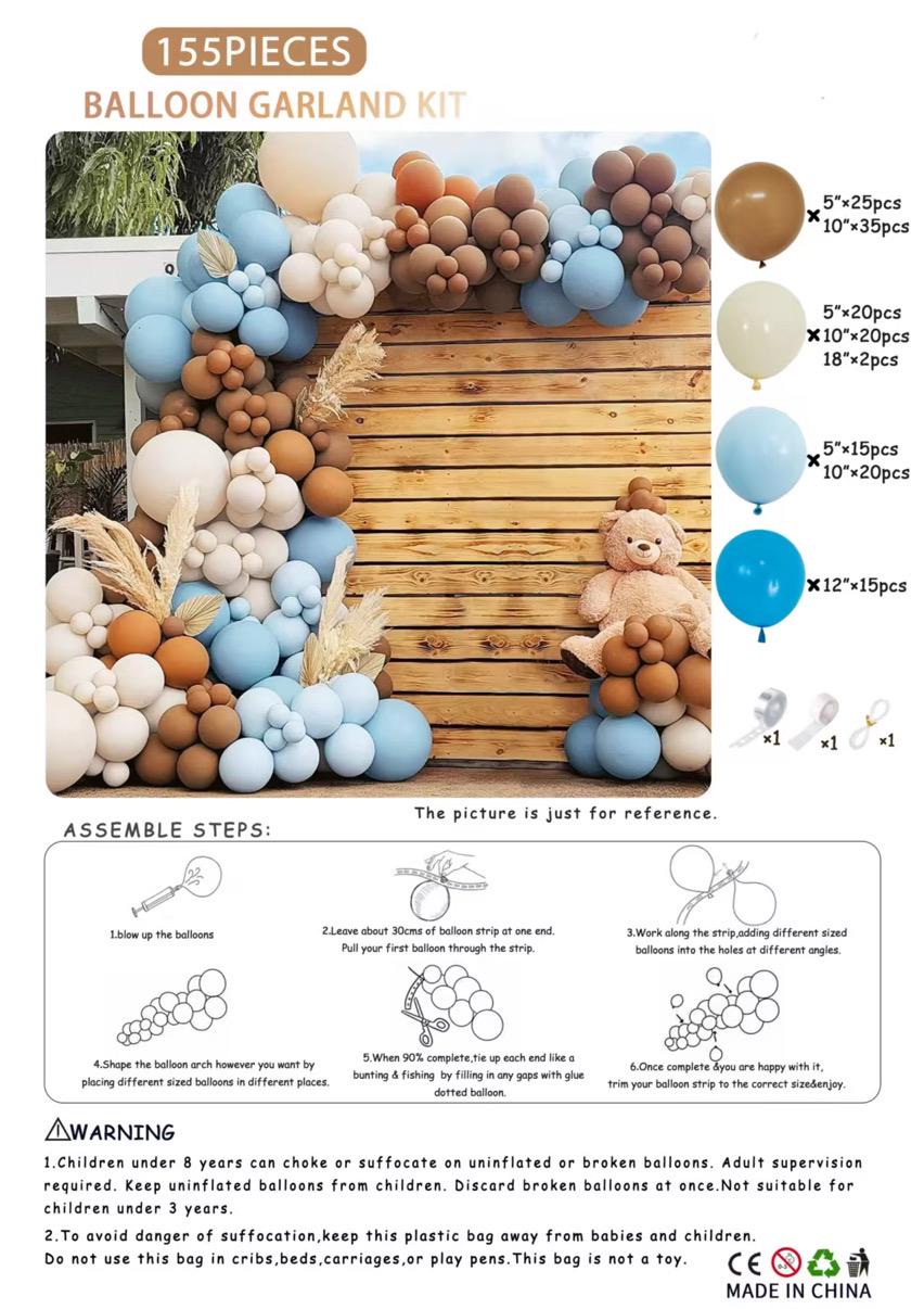 Blue Brown Balloon Garland Kit, Teddy Bear Baby Shower Decor, Neutral Birthday Party Arch, Boho Balloon Set 155 Pieces