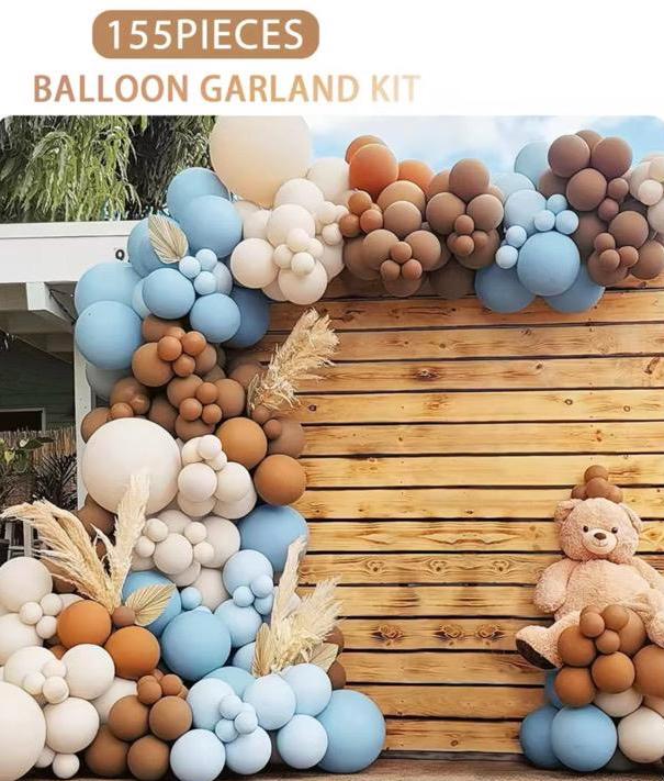 Blue Brown Balloon Garland Kit, Teddy Bear Baby Shower Decor, Neutral Birthday Party Arch, Boho Balloon Set 155 Pieces