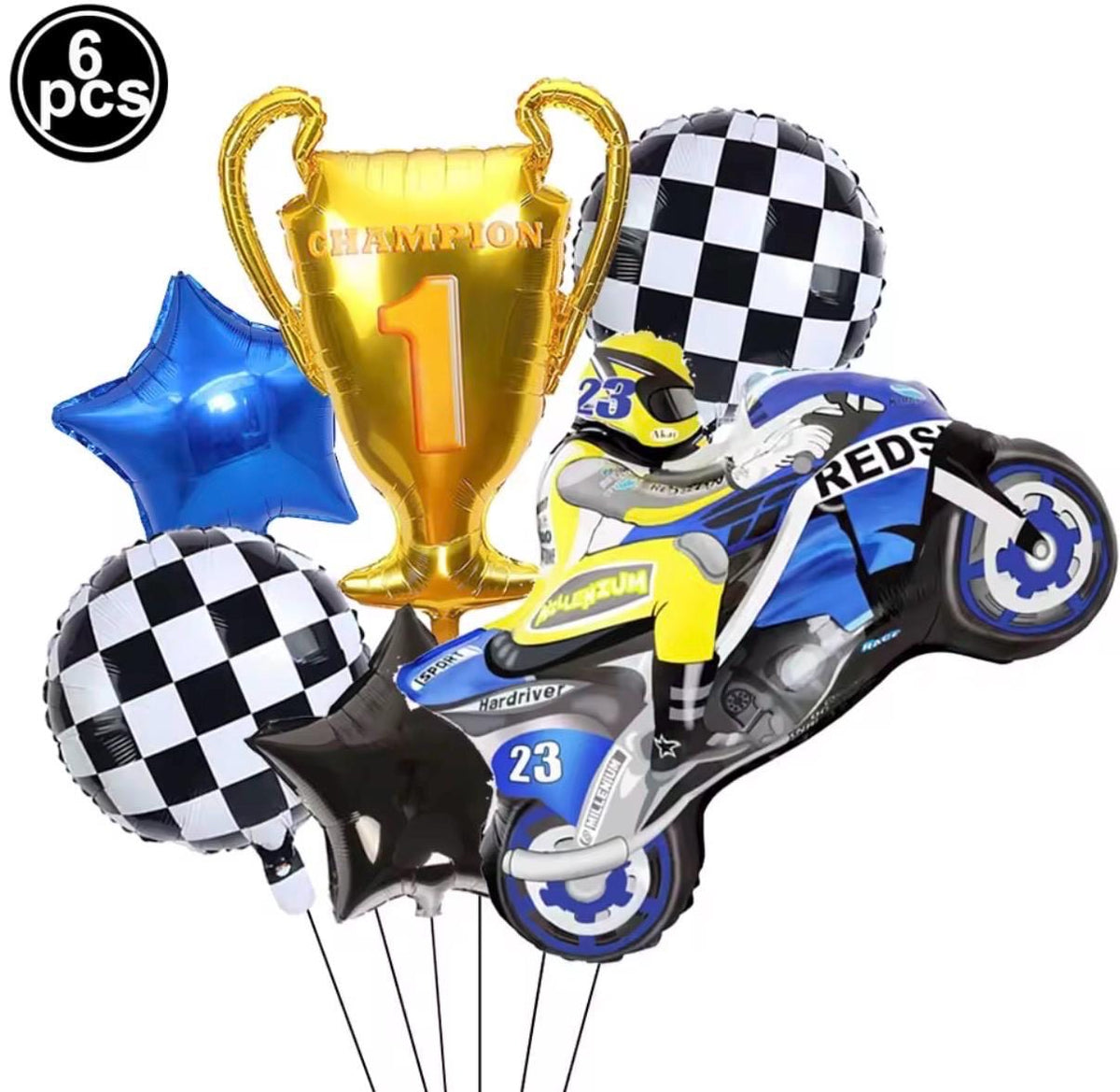 Racing Balloon Bouquet, Motorcycle Party Balloons, Race Theme Decoration Set, Kids Birthday Balloons, Checkered Flag Balloon Blue and yellow