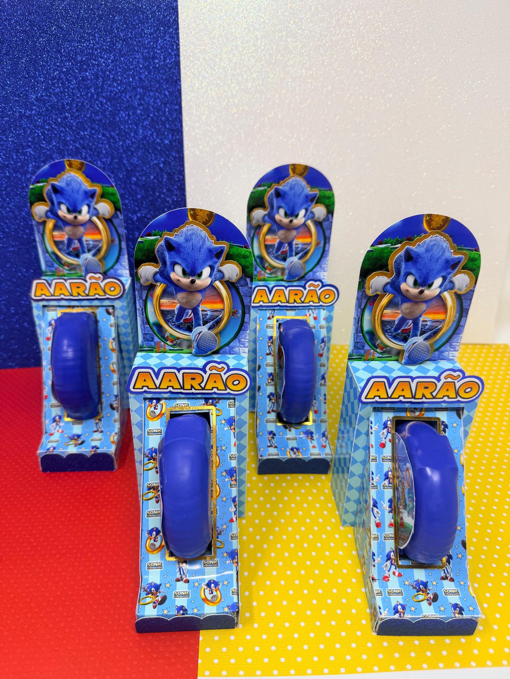 Blue Hedgehog personalized party favors with Pringles, chip bags, chocolates and gum