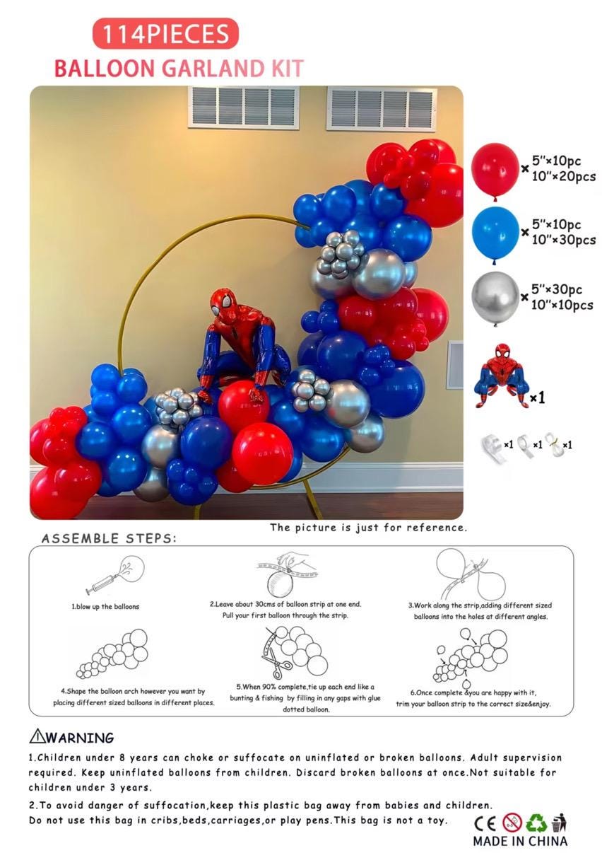 Spider Superhero Balloon Garland Kit, Red Blue Silver Balloon Arch Kit, Birthday Party Balloon Decorations, 114 Piece Balloon Set