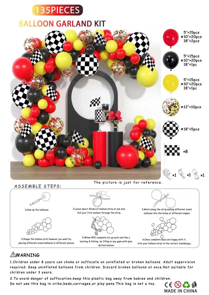 Race Car Balloon Garland Kit | Checkered Flag Balloon Arch Kit | Racing Theme Birthday Decorations | Race Car Party Balloons | 135 Pieces