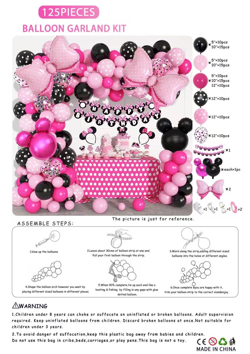 Pink Mouse Balloon Garland Kit 125 Pieces | Birthday Balloon Arch Kit | Pink Black Party Decorations | Bow Balloons | Girl Birthday Backdrop