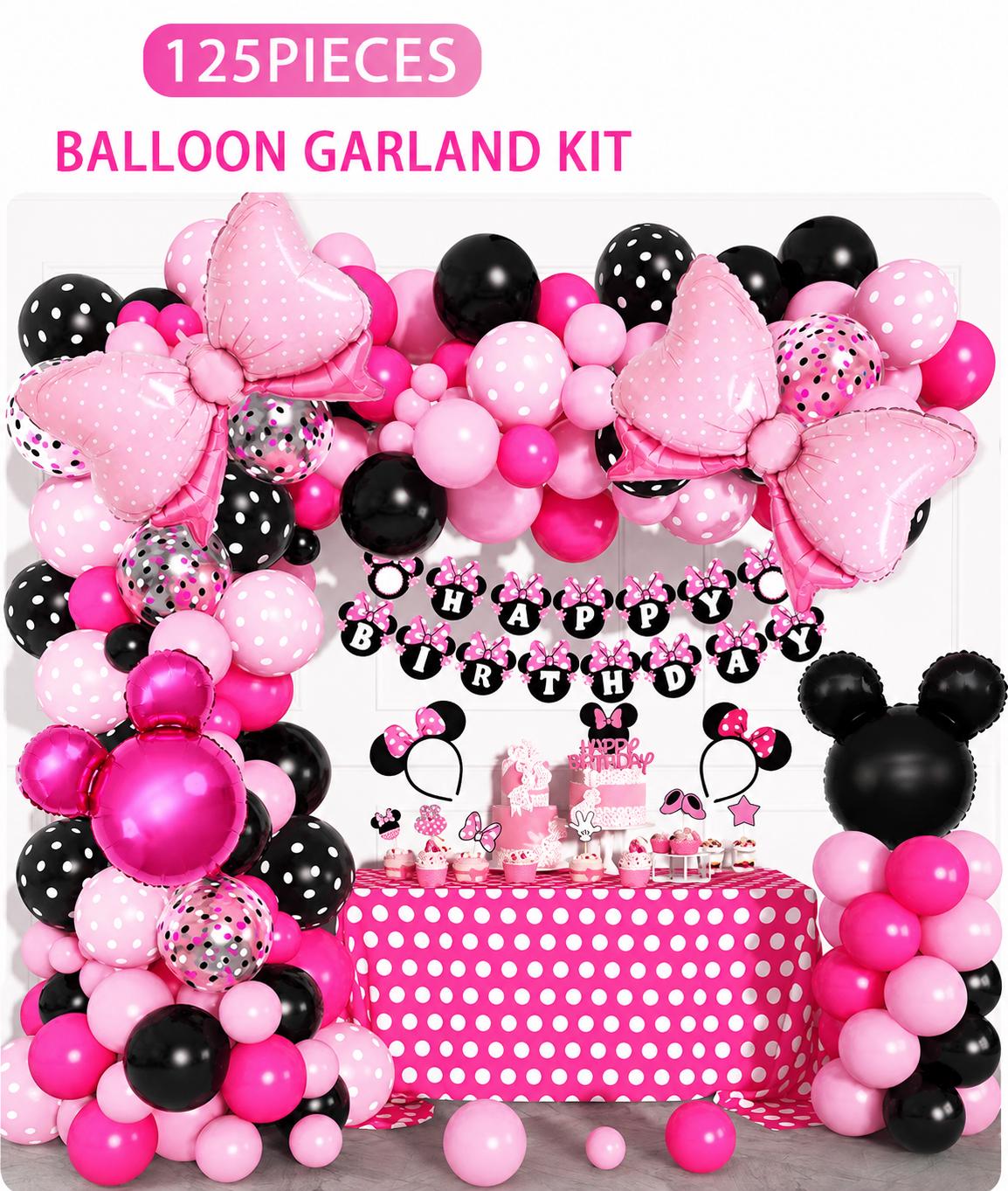 Pink Mouse Balloon Garland Kit 125 Pieces | Birthday Balloon Arch Kit | Pink Black Party Decorations | Bow Balloons | Girl Birthday Backdrop