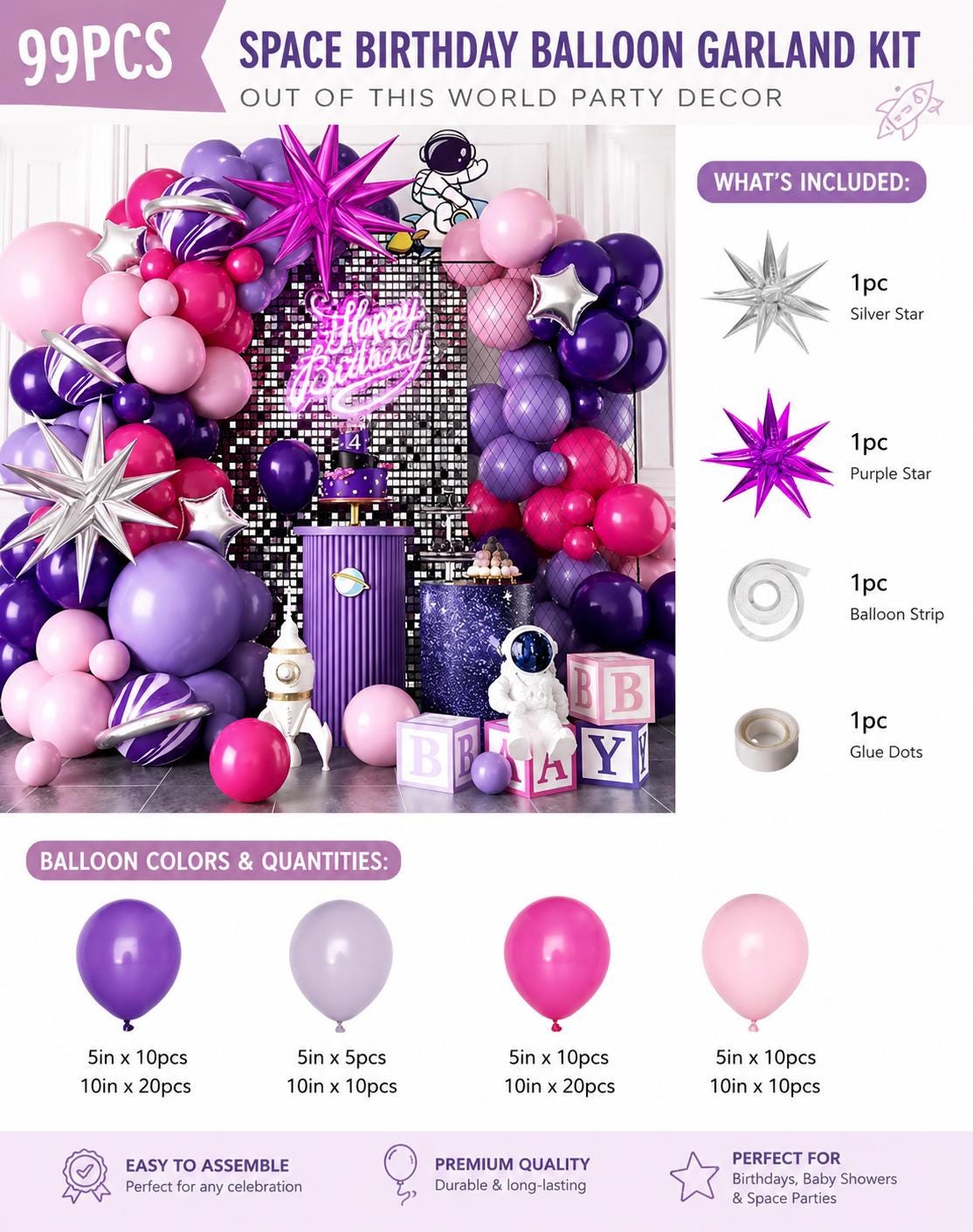 113PCS Space Birthday Balloon Garland Kit, Astronaut Party Decorations, Galaxy Balloon Arch Kit, Pink Purple Space Party Decor, Outer Space