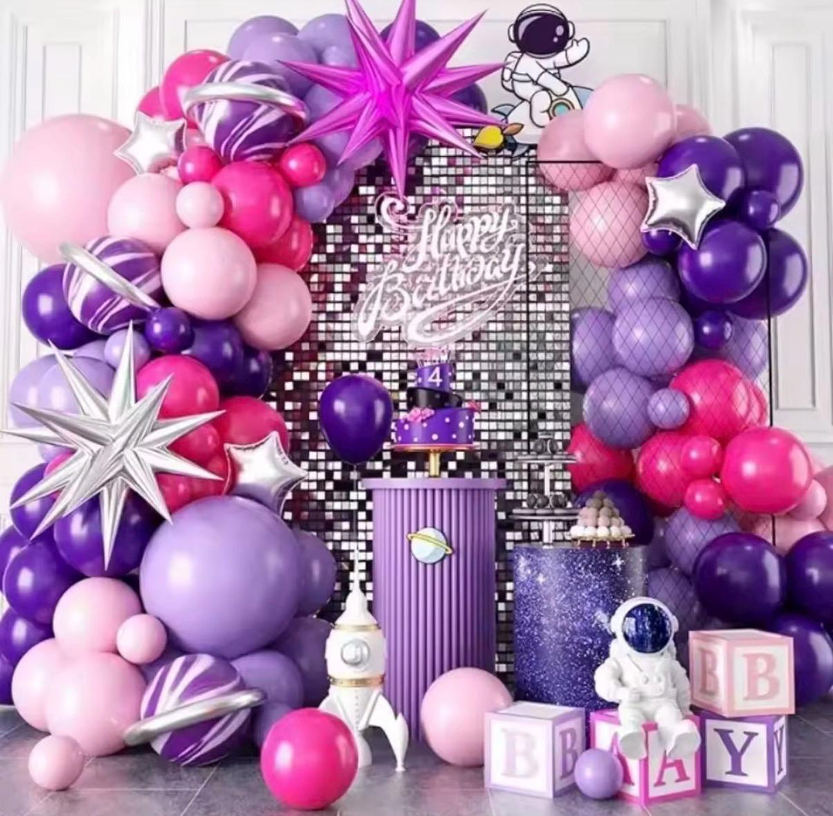 113PCS Space Birthday Balloon Garland Kit, Astronaut Party Decorations, Galaxy Balloon Arch Kit, Pink Purple Space Party Decor, Outer Space