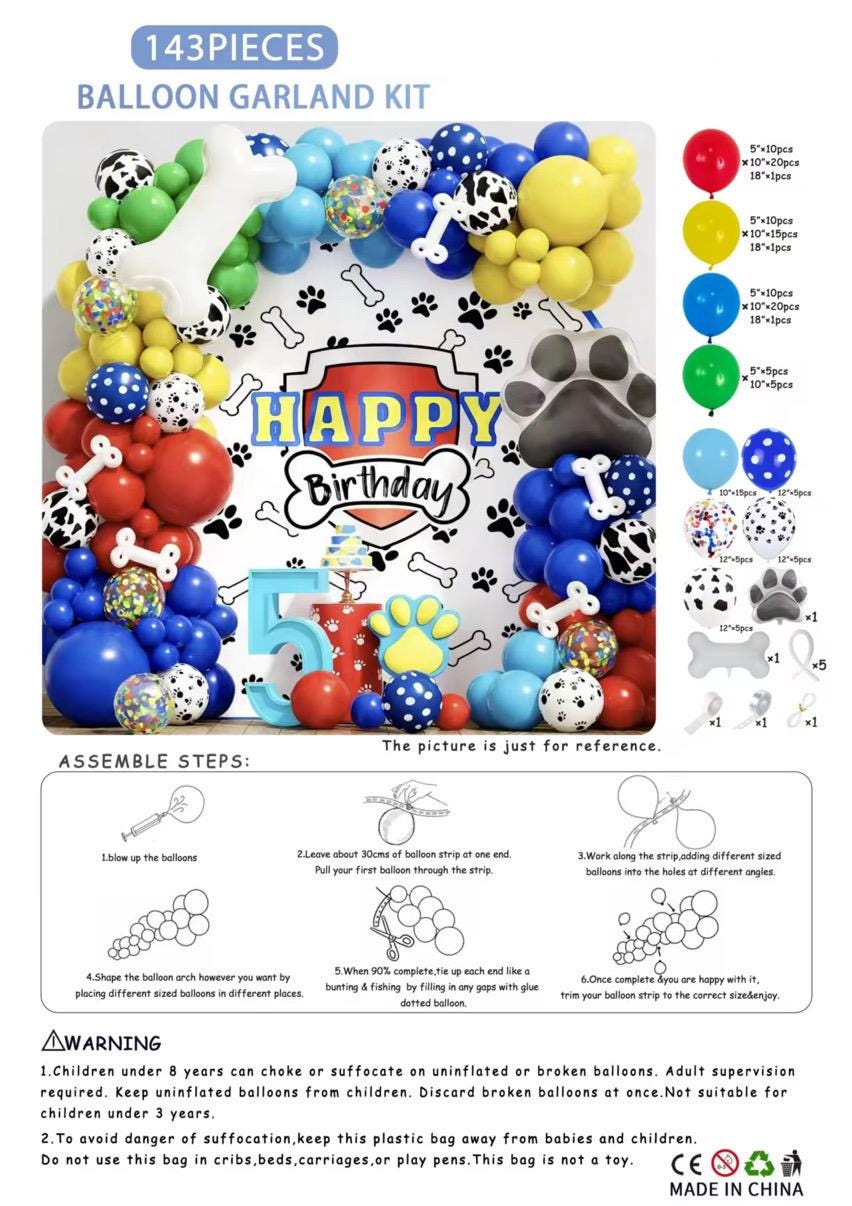 Dog Birthday Balloon Garland Kit | Puppy Party Balloon Arch | Paw Print Balloons Decorations | Dog Theme Birthday Supplies | Blue Red Yellow