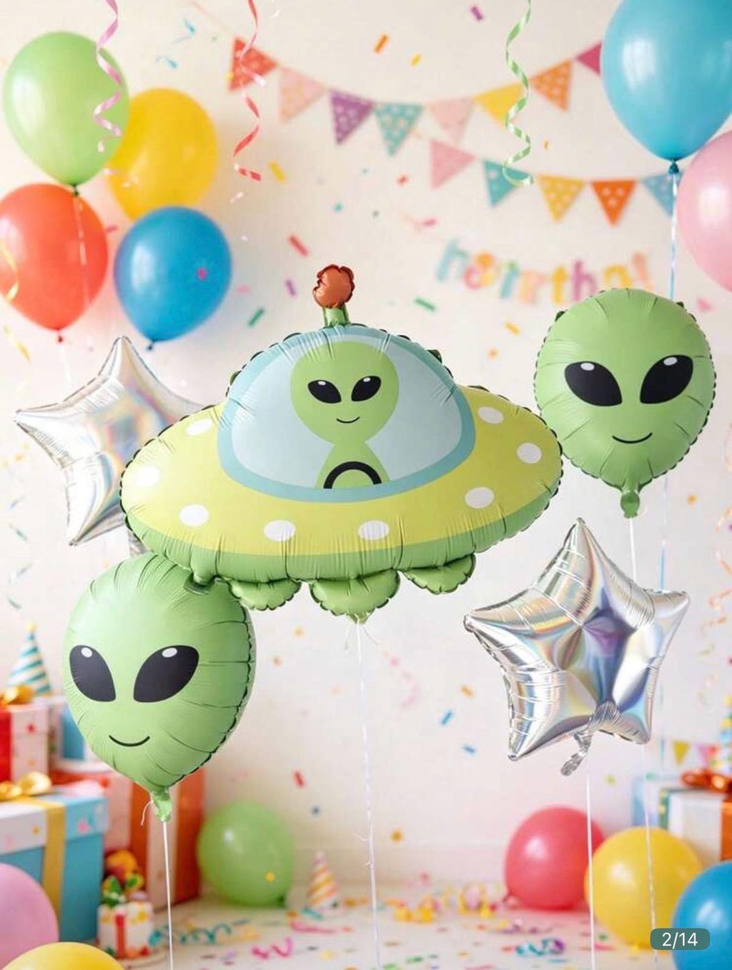 Alien Balloon Set, UFO Foil Balloon, 2 Green Alien Balloons & Flying Saucer, Outer Space Birthday Party, Galaxy Party Decorations