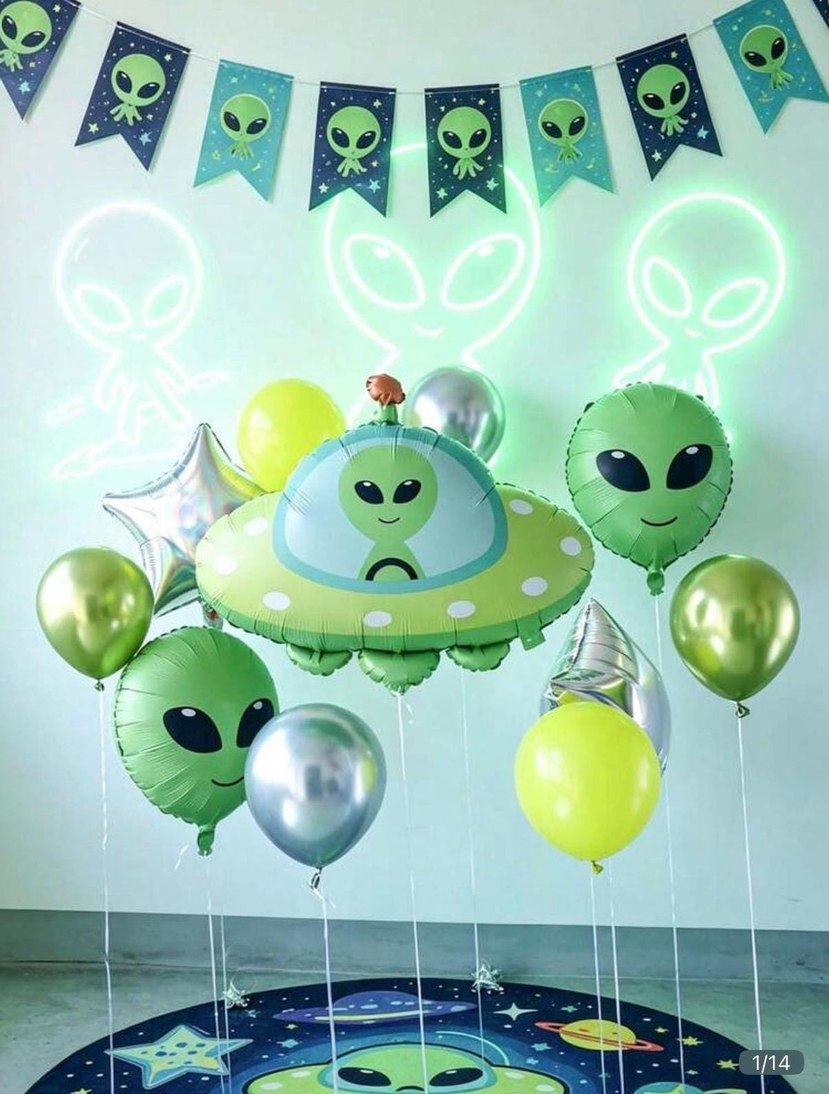 Alien Balloon Set, UFO Foil Balloon, 2 Green Alien Balloons & Flying Saucer, Outer Space Birthday Party, Galaxy Party Decorations