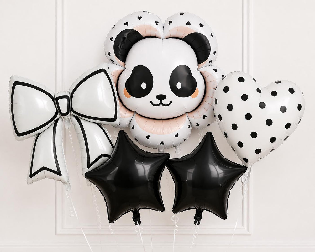 Panda & Bow Balloon Bouquet  5 Piece Black and White Foil Balloon Set