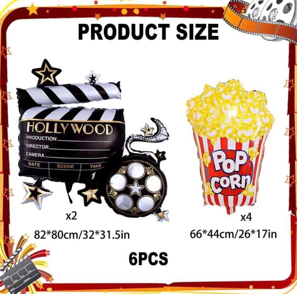 Set of Popcorn and Hollywood Camara Foil Balloons – Movie Night Party Decor | Cinema Carnival Theme Balloons