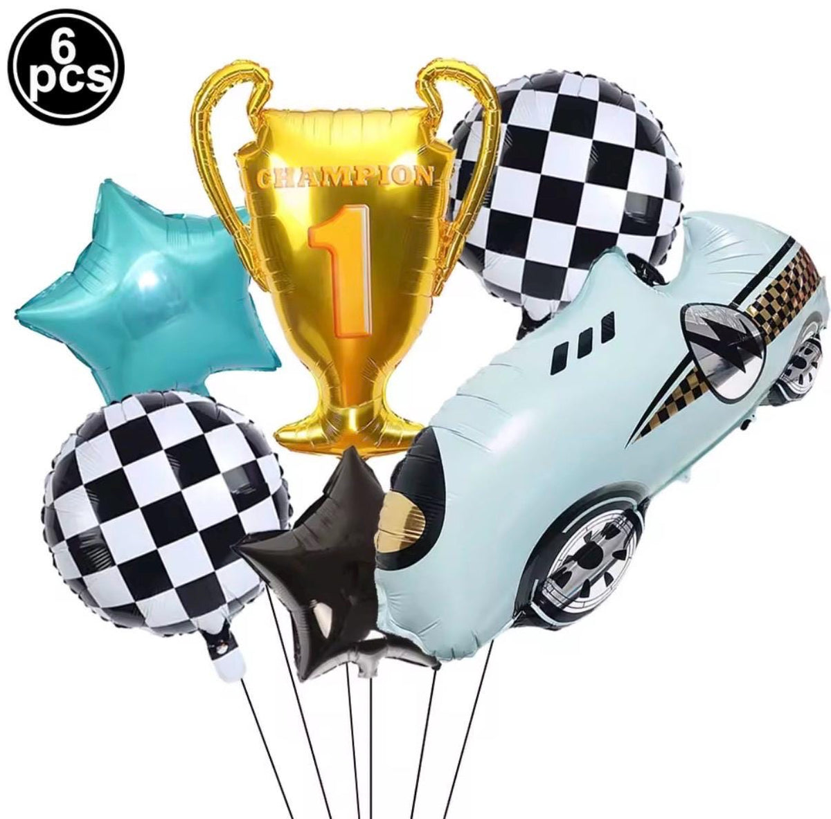 Race Car Balloon Set of 6, Racing Birthday Balloons, Checkered Flag Party Decor, Champion Trophy Balloon, Race Car Birthday Party