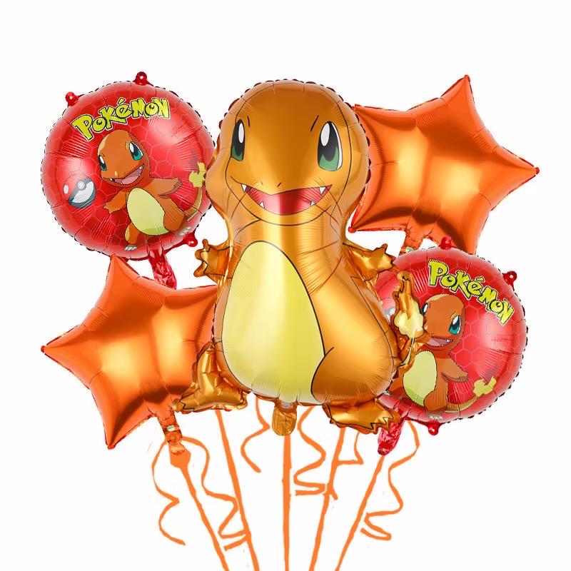 Fire Lizard Balloon Bouquet, Red Orange Birthday Balloons, Video Game Inspired Party Decor, 5 Piece Foil Balloon Set