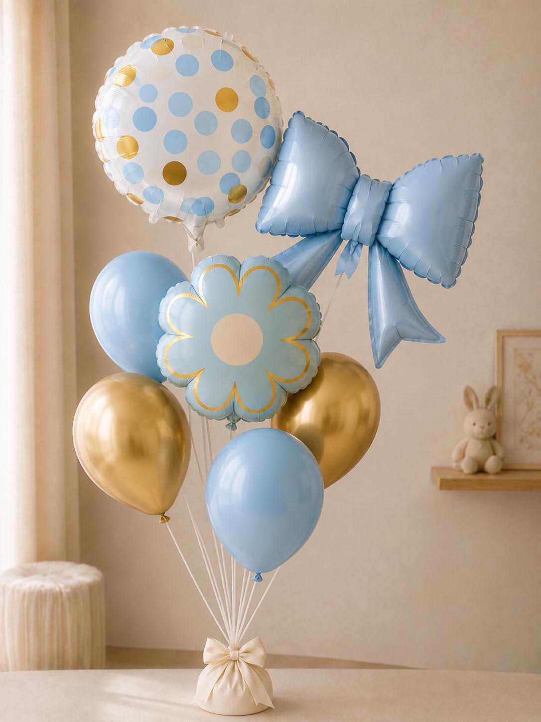 Blue & Gold Balloon Bouquet, Bow and Daisy Balloons, Baby Shower Balloons, Boy Birthday Party Decor