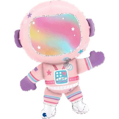Pink girl astronaut foil balloon with pastel rainbow visor