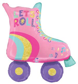 Pink roller skate foil balloon with rainbow accents and Let's Roll text