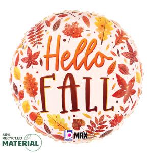 Round Hello Fall foil balloon decorated with autumn leaves