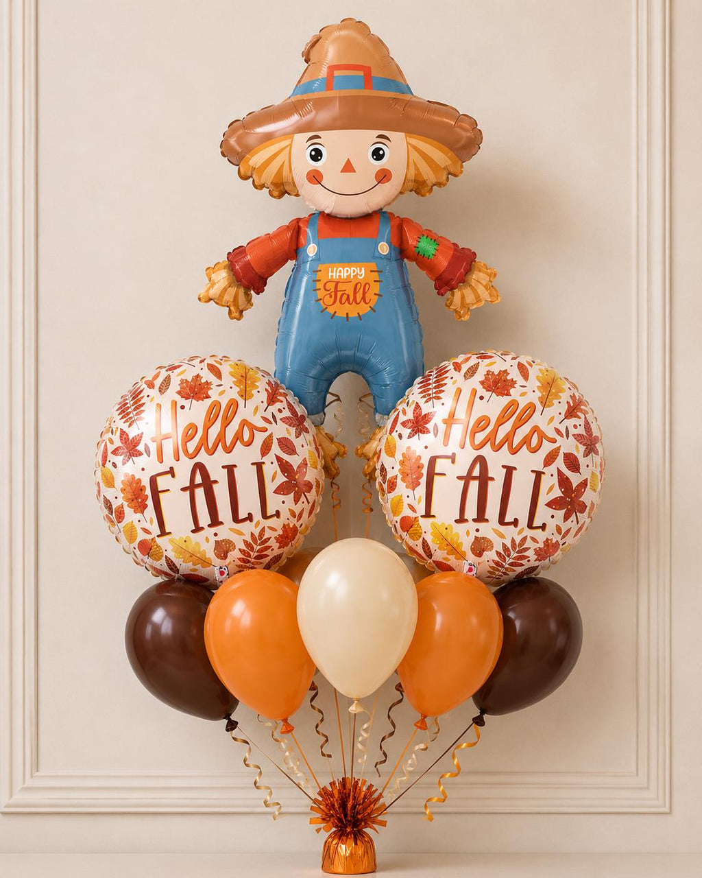 Scarecrow and Hello Fall balloon bouquet with autumn colors
