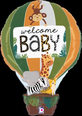 Welcome Baby hot air balloon shaped foil balloon with safari animals