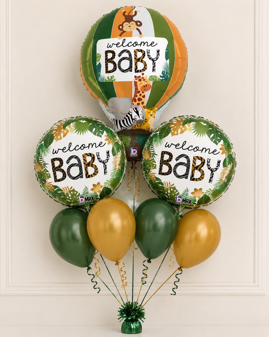 Welcome Baby safari balloon bouquet in green and gold