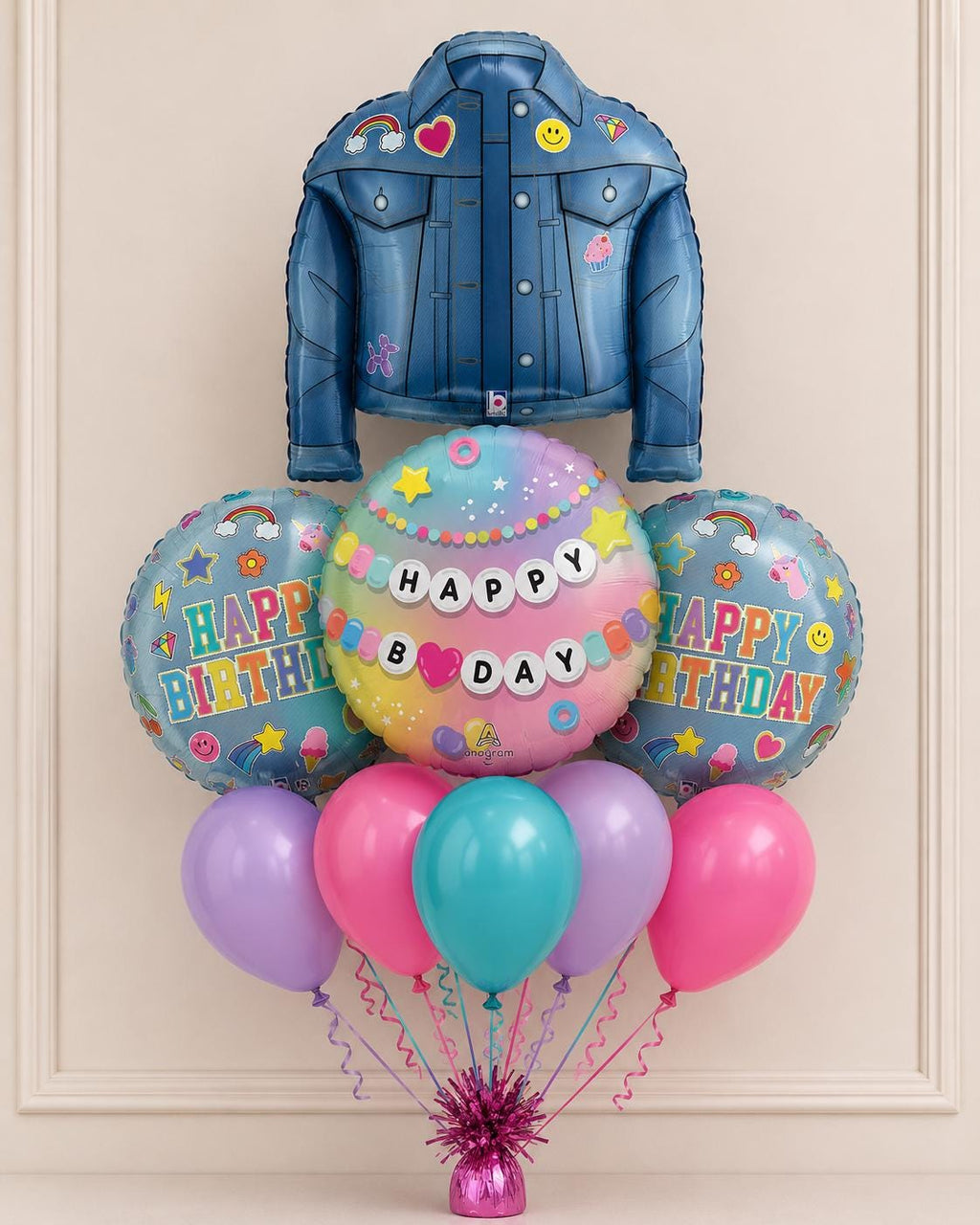 Denim jacket balloon bouquet with bead-design birthday balloons
