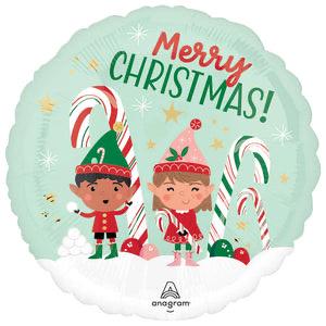 Round Merry Christmas foil balloon with two elves and candy canes