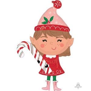Girl elf foil balloon holding a candy cane