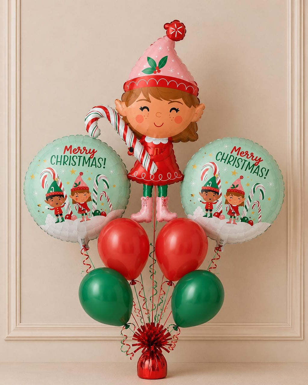 Christmas girl elf balloon bouquet with red and green latex balloons