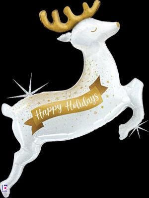 White reindeer foil balloon with gold antlers